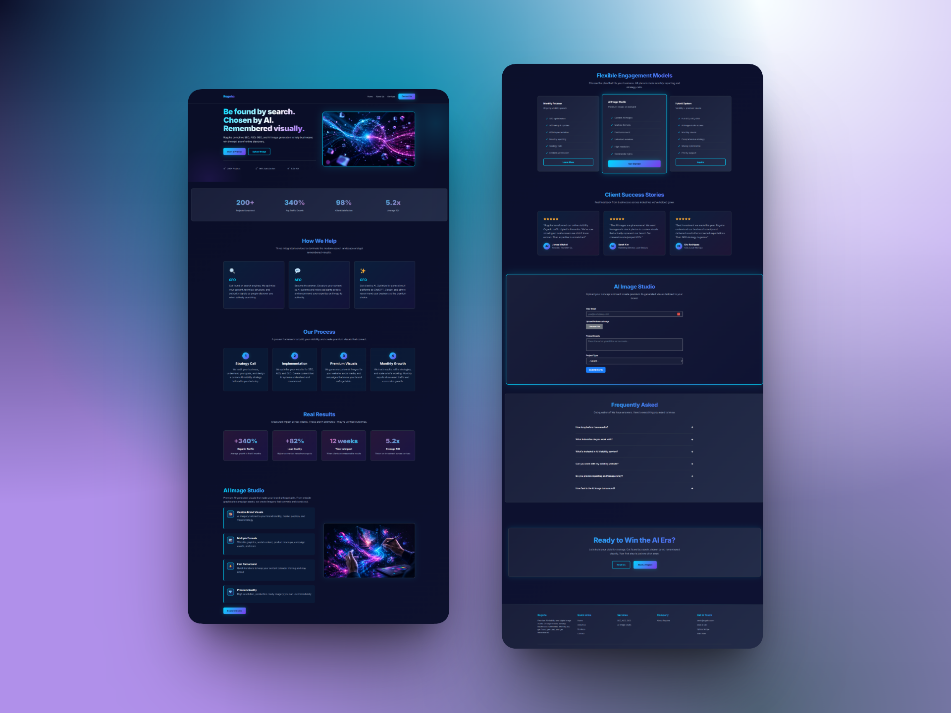 ROGOHA Homepage — Hero Section with Dark Premium Design and Cyan Accents