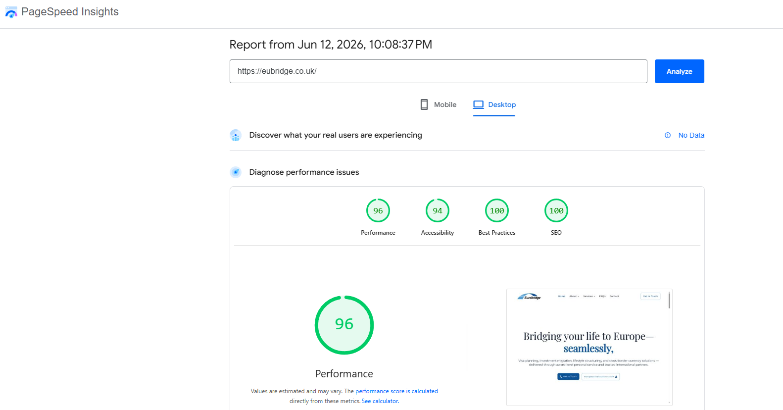 Google PageSpeed Insights results for EuroBridge — a client WordPress site built by Debbie Navarro, scoring 90+