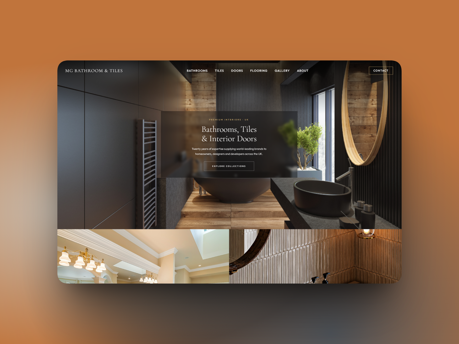 MG Bathroom & Tiles — nine-page WordPress redesign with dark luxury aesthetic and gold brand identity