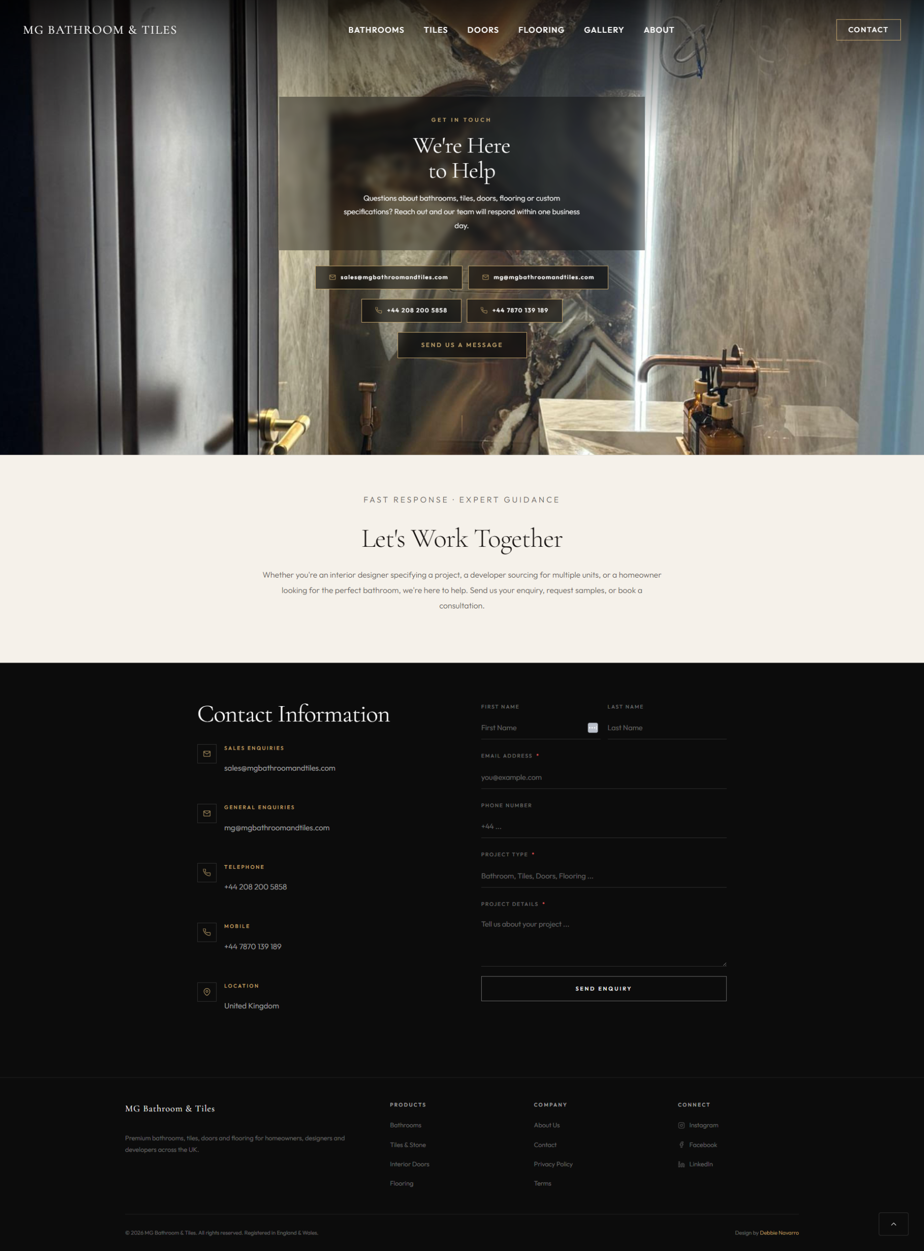 MG Bathroom & Tiles contact page — full page screenshot