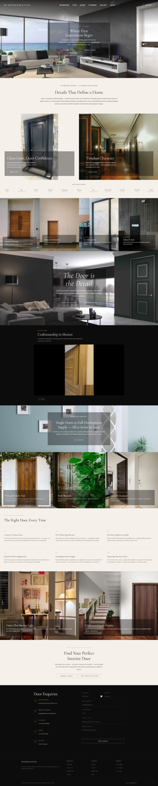MG Bathroom & Tiles doors page with custom video showcase — full page screenshot