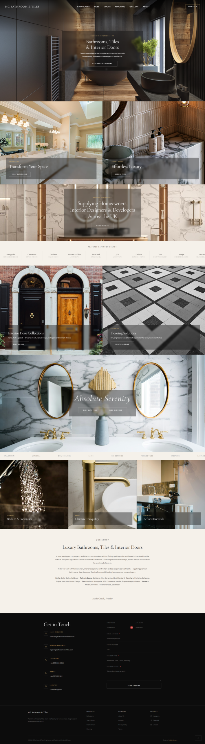 MG Bathroom & Tiles homepage — full page screenshot showing dark luxury WordPress design