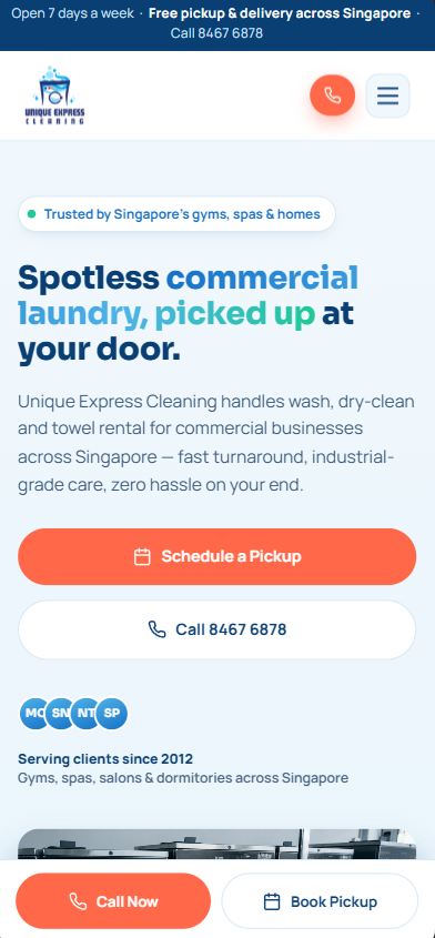 Unique Express Cleaning mobile website design showing tap-to-call and pickup booking