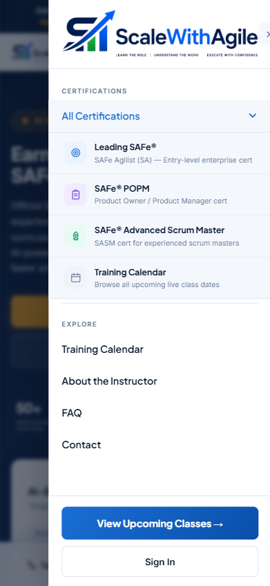 Scale With Agile responsive hamburger menu on mobile