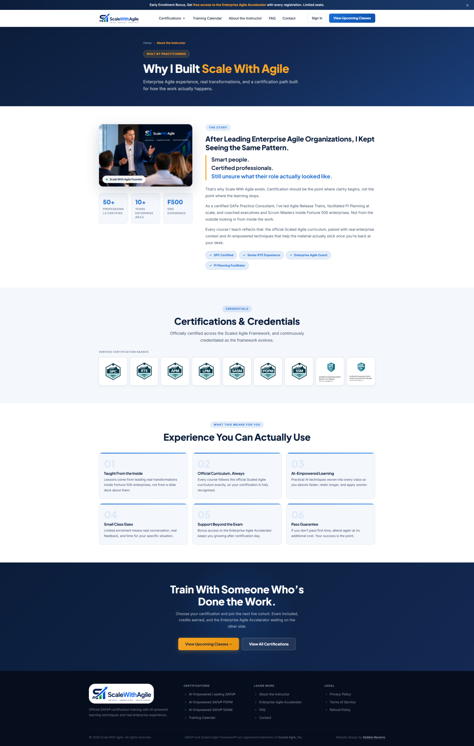 Scale With Agile about the instructor page — full page screenshot