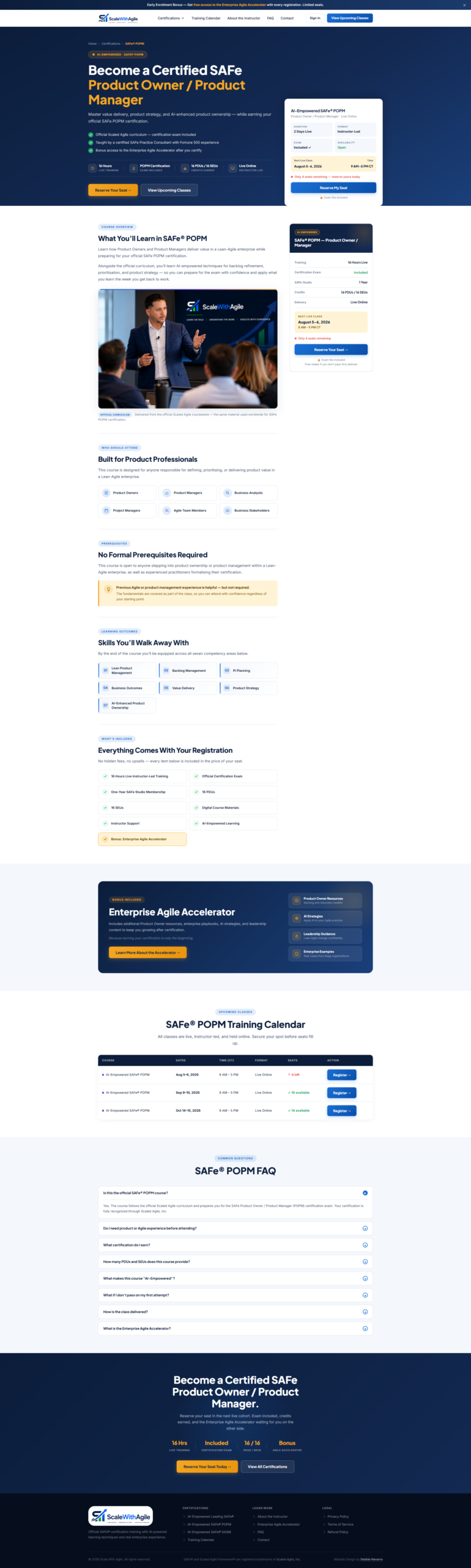AI-Empowered SAFe Product Owner / Product Manager course page — full page screenshot