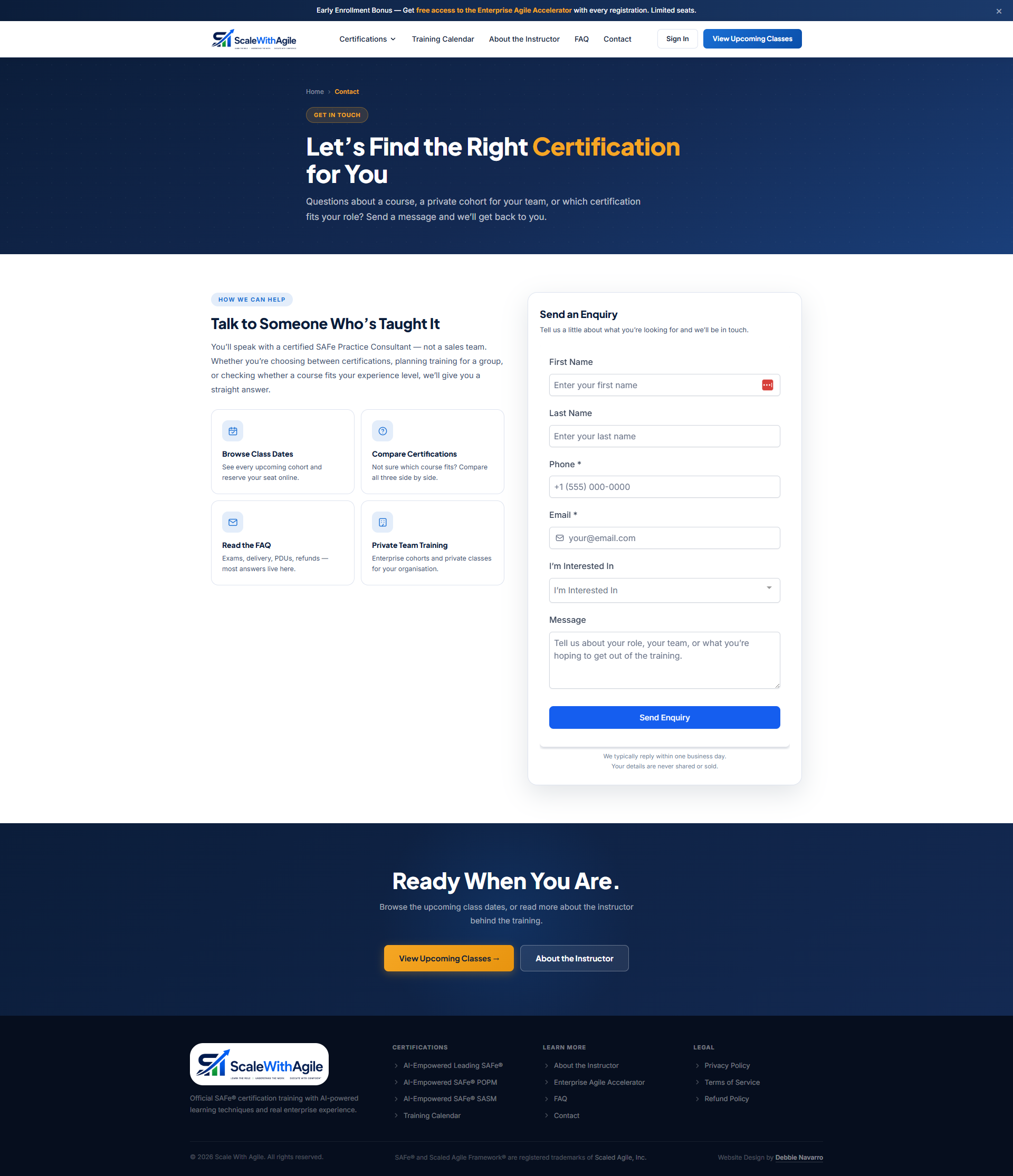 Scale With Agile contact page with integrated GoHighLevel form — full page screenshot