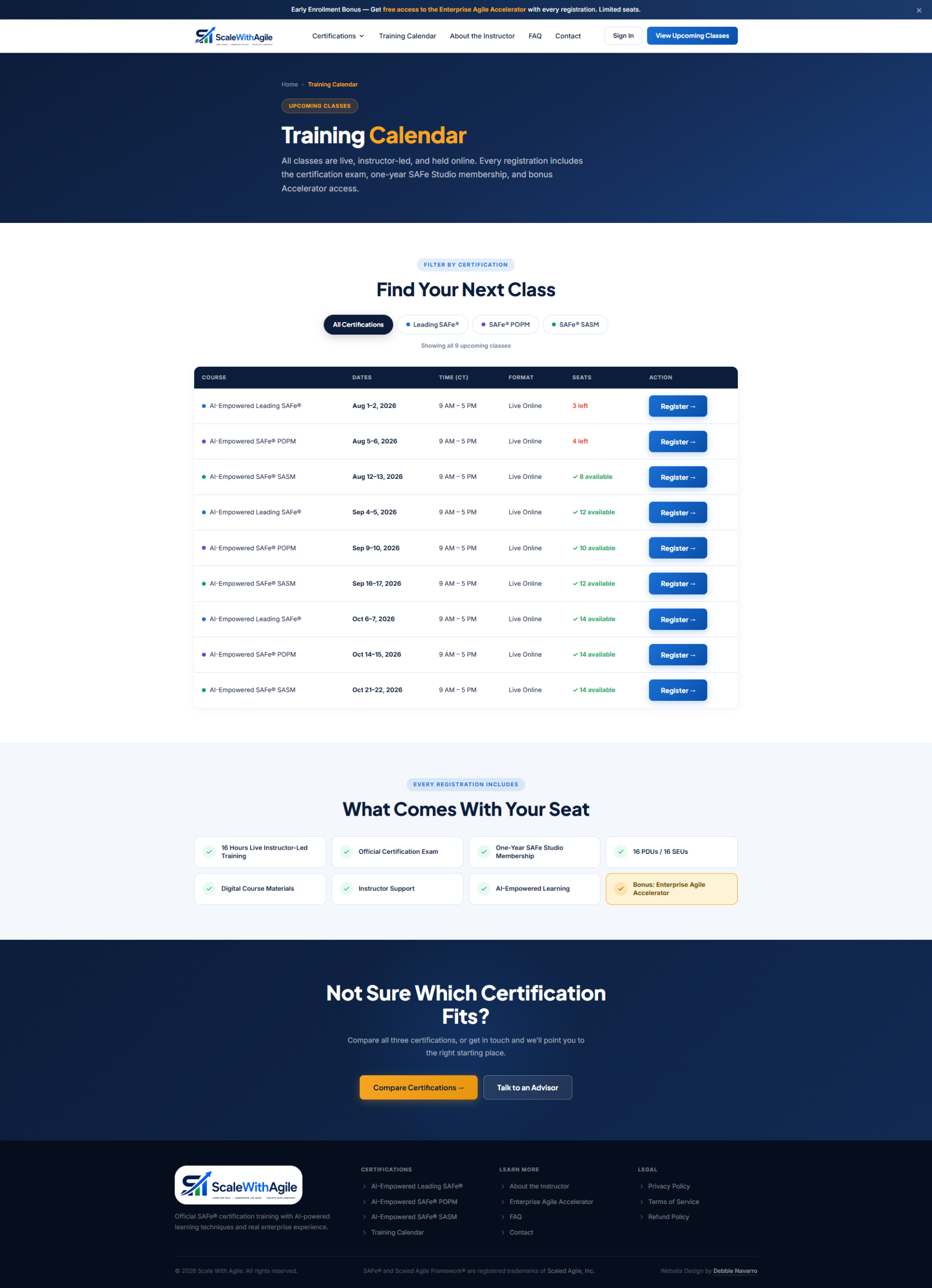 Scale With Agile training calendar and upcoming classes page — full page screenshot