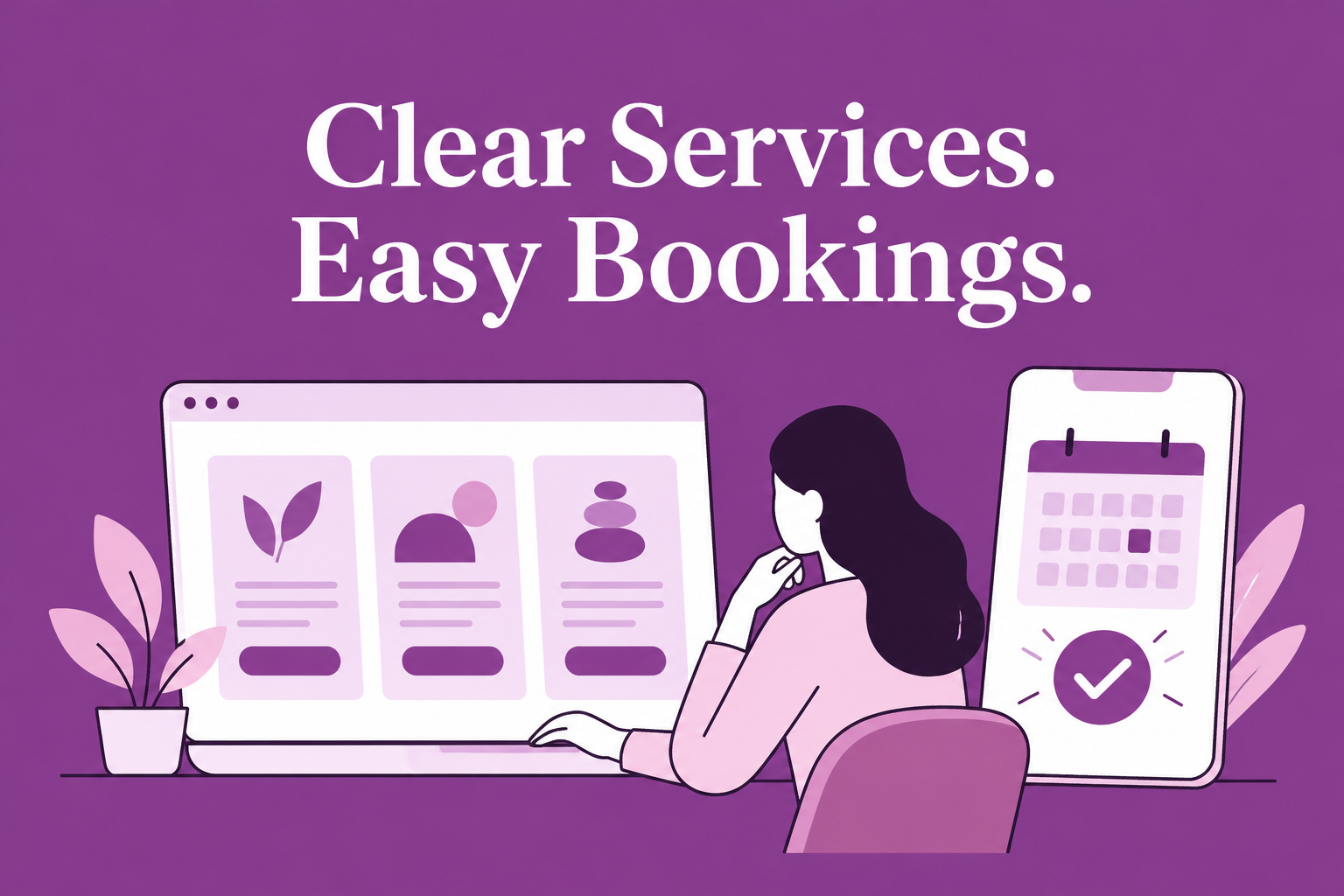 Designer reviewing service cards beside a mobile appointment calendar and booking confirmation